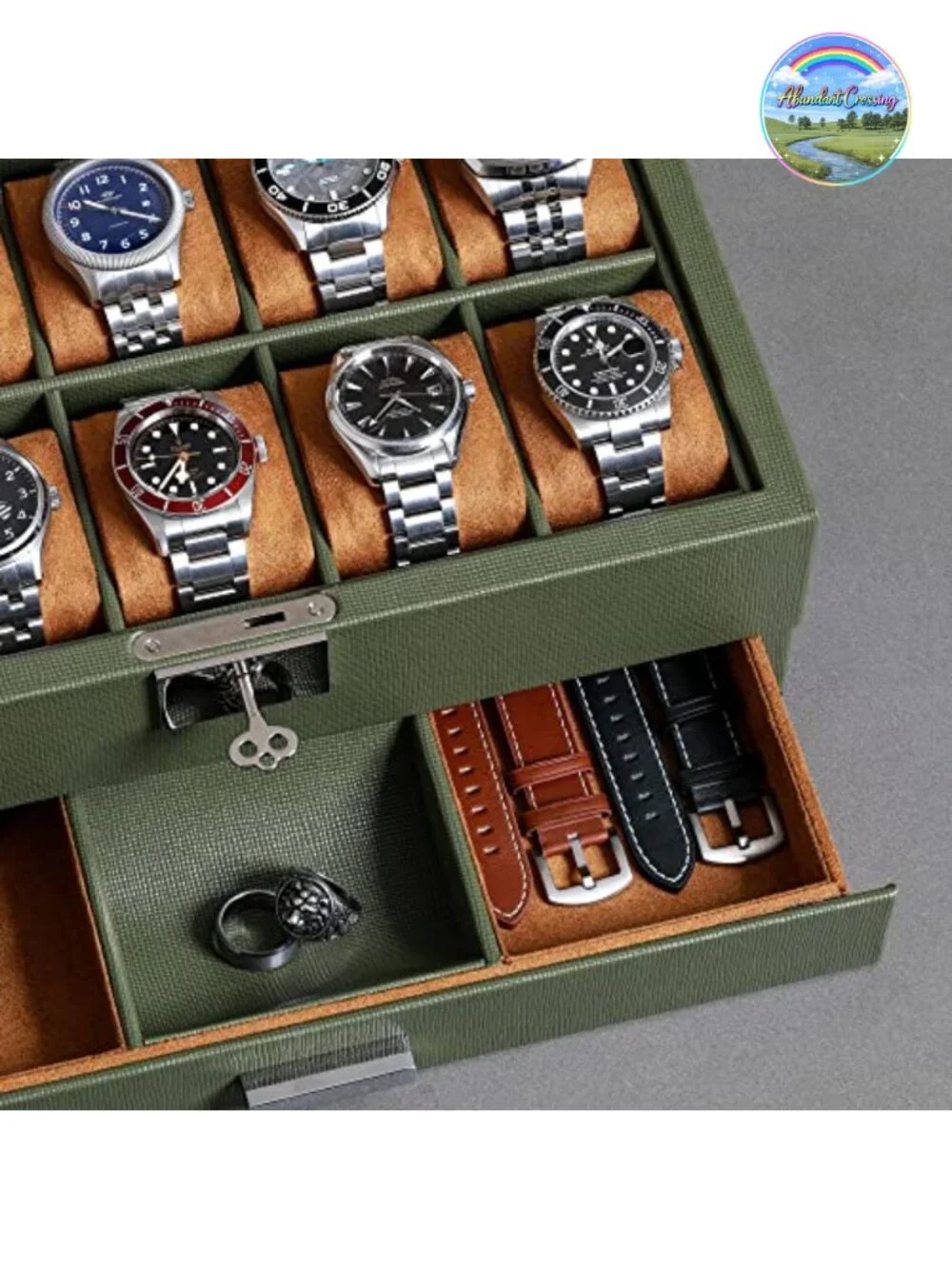 10-Slot Leather Watch Box with Valet Drawer, Lockable Jewelry Organizer